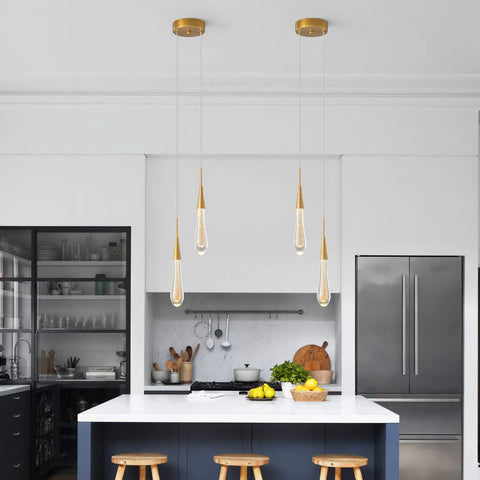 Teardrop Crystal Pendant Lights For Kitchen Island, Dimmable LED Gold Pendant Light Fixture over white kitchen island
