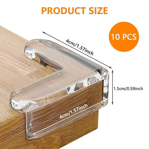 Ten Pack Super Soft Baby Corner Protectors Foolproof Furniture Edge Guards Clear vinyl corner protector on wooden table edge.