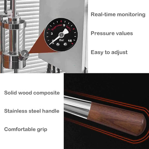 Top Shelf Manual Espresso Machine With 58mm Standard Filter Basket And Adjustable Pressure Gauge showing pressure gauge and stainless steel handle.