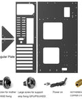 Image showing components of an open chassis gaming PC case test bench for ATX MATX ITX motherboards with wide heat dissipation.
