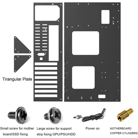 Image showing components of an open chassis gaming PC case test bench for ATX MATX ITX motherboards with wide heat dissipation.