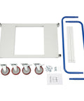Beefy Heavy Duty Moving Dolly With 1500 Lb Capacity, Steel Platform Cart, Four Wheel Panel Cart, Rugged Steel Frame For Moving Heavy Gear And Equipment, Ideal For Garages, Warehouses, And Loading Jobs, Smooth Roll With Four Wheel Design. White steel moving dolly parts with blue handles, casters, and hardware