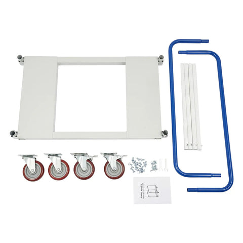 Beefy Heavy Duty Moving Dolly With 1500 Lb Capacity, Steel Platform Cart, Four Wheel Panel Cart, Rugged Steel Frame For Moving Heavy Gear And Equipment, Ideal For Garages, Warehouses, And Loading Jobs, Smooth Roll With Four Wheel Design. White steel moving dolly parts with blue handles, casters, and hardware