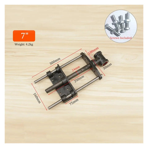 7 Inch Quick Release Bench Vise Featuring 360 Swivel Head And Multi Jaw Design For Tight Clamping Of Round Or Flat Hardware, dimensions and screws included.