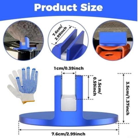 Precision Magnetic Socket Pad Welding Adapter With Robust Aluminum Alloy Construction For Frame Guide Rail Setup Ensures Secure Alignment And Durable Performance On Any Vehicle Job In Blue Set showing dimensions and safety gloves.