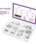 Front view of Swpeet 50-piece stainless steel mini fuel-injection hose clamp kit in clear plastic case.