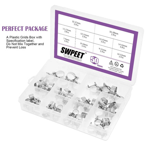 Front view of Swpeet 50-piece stainless steel mini fuel-injection hose clamp kit in clear plastic case.