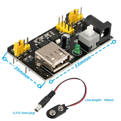 Image of Six Pack Breadboard Power Supply Module 3.3V/5V For Arduino Projects, 6.5-9V DC Input Or USB, Up To 700mA Output, Onboard 3.3V And 5V Pins, Includes Six 9V Battery Clips, Great For DIY Prototyping.