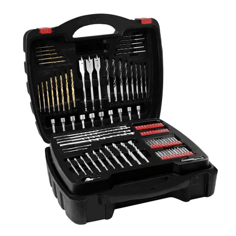 Tough As Nails Corded Hammer Drill With 100 Piece Bit Set, 7.5 Amp Variable Speed, Heavy Duty Gear For Wood Metal And Concrete, No Sweat Drilling, Pack Of 2 in a black case with assorted drill bits.