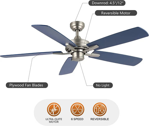52 Inch Ceiling Fan With Remote No Light Kit Industrial Farmhouse Style ETL Listed Nickel Finish