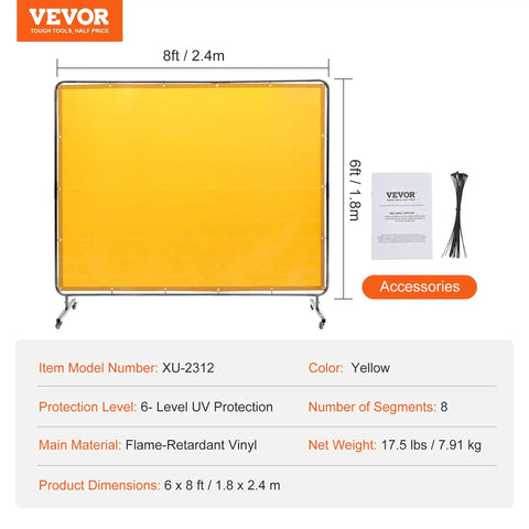 Heavy-Duty Welding Screen With Frame 6X8 Feet Flame-Resistant Vinyl Curtain On Four Swivel Casters Two Locking For Workshop Industrial Garage Portable Protective Barrier Against Sparks UV Rays Heat Radiation Ultimate Shop Beast Construction Yellow