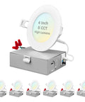 Lit Ultra Thin 4 Inch LED Recessed Light Kit With J Box 12W 5 Color Temperature Switchable 2700K To 5000K 950 Lumens Dimmable Wet Rated IC Rated Energy Star Certified Six Pack showing lights and junction boxes.