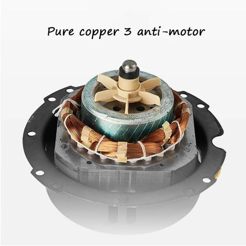 Close-up of the copper motor for Big Breeze Floor Standing Mist Fan With Oscillating Humidifier And Super Quiet Three Speed Settings.