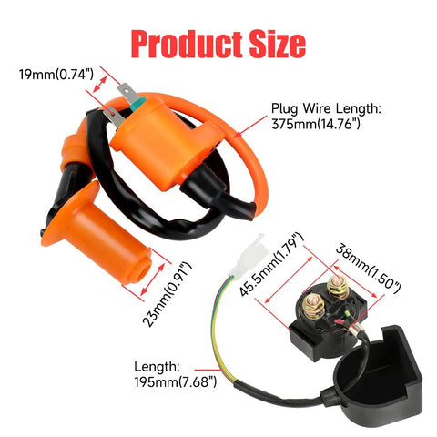 GY6 Ignition Coil CDI Box Starter Solenoid Relay Kit For 150cc 50cc 125cc Tao Tao Roketa with dimensions shown