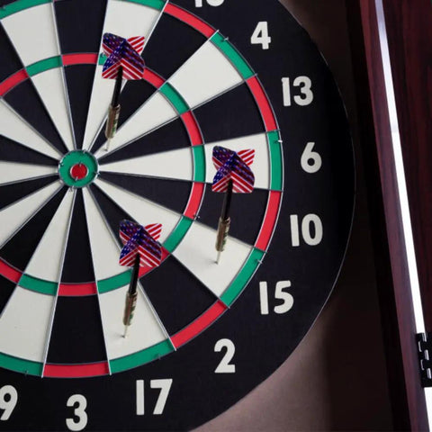 Official Sized Dart Board Cabinet Set With 18 Inch Dart Board, 6 Steel Tip Darts, And Chalkboard Scoring For Game Rooms Man Caves And Home Bars