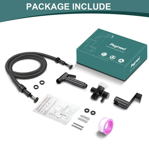 Handheld Bidet Sprayer For Toilet With Premium Stainless Steel Kit and accessories shown with anti leaking hose and mount