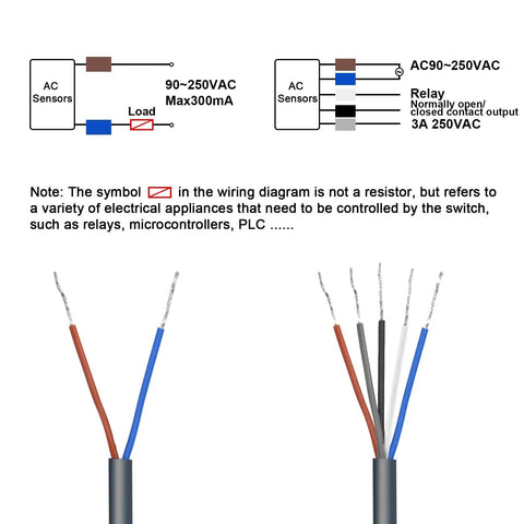 Wiring diagram for Photoelectric Sensor Switch E3JK 5DM1 5L AC 90 to 250V showing load and relay connections.