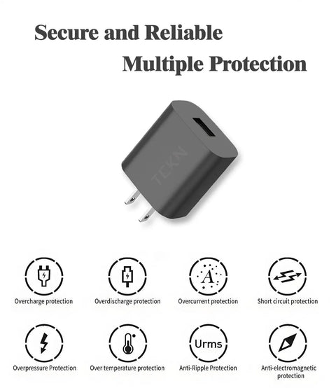 No Fuss USB Wall Charger 5V 2A Fast Charging Adapter Built For Travel And Home with multiple protection features shown