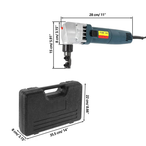 Electric Sheet Metal Nibbler Cutter with 1700 RPM High Speed Rotor, tool box included, dimensions shown