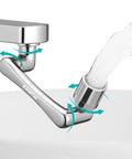 Adjustable Sink Faucet Extender With Swivel Aerator And Filter, silver finish, demonstrating 1440° swivel and water flow control