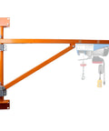 Heavy Duty Wall Mount Jib Crane Hoist Support Arm With 180 Degree Swinging Electric Scaffolding Lift Bracket All Steel Construction 660 Lbs Capacity For Industrial Garage Workshop Use Durable Steel Pole Holder at an angle showing mounting points.