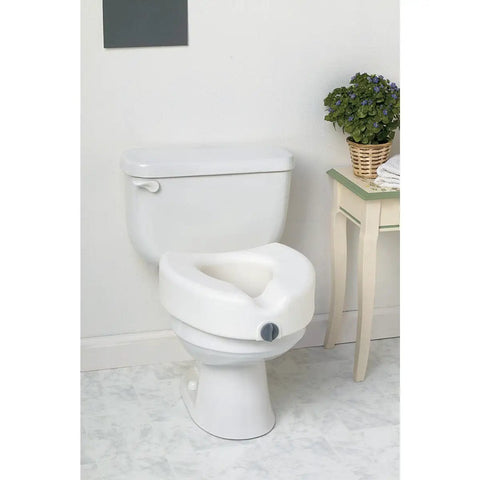 Locking Elevated Toilet Seat With No Arms, 5 Inch Lift, Heavy Duty Supports Up To 350 Lbs, White, installed on standard toilet