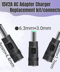 Three connector tips for Universal 15V 2A Power Supply Charger Cable with sizes 6.3x3.0mm, 6.5x4.4mm, 4.8x1.7mm