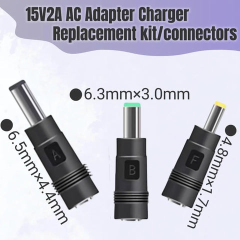 Three connector tips for Universal 15V 2A Power Supply Charger Cable with sizes 6.3x3.0mm, 6.5x4.4mm, 4.8x1.7mm