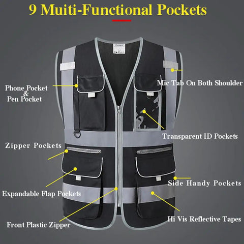 Rock Solid 9 Pocket Reflective Safety Vest Designed To Handle The Daily Construction Grind With Spacious Zippered Stash Bins features multiple functional pockets.