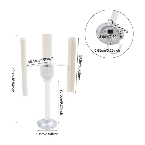 Three Blade Vertical Axis Wind Turbine Kit With 12V 40W 3-Phase Permanent Magnet Motor, dimensions and close-up view