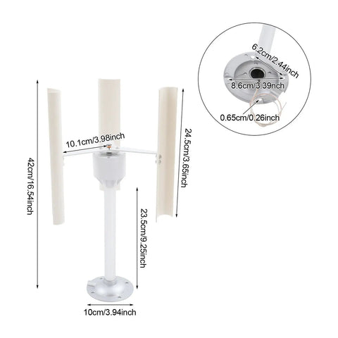 Vertical Axis Wind Turbine Kit 12V 40W with 3 phase permanent magnet motor, ABS blades, dimensions shown for home DIY projects