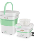 Tiny But Mighty Foldable Portable Washing Machine With Drainage Basket, shown expanded and folded, green and white design.
