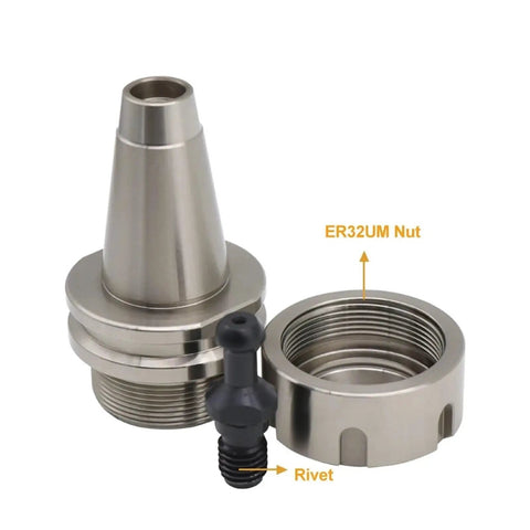 Kick Your CNC Game With This ISO30 ER32 Collet Holder Built Heavy Using 20Crmnti Steel Delivering Flawless G2.5 Balance At 30000 Rpm showing ER32 collet holder parts.