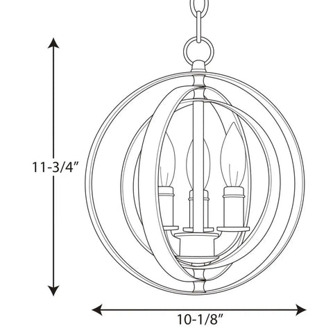 Antique Bronze 3-Light Sphere Pendant Light With Pivoting Armillary Rings, New Traditional Style, diagram with dimensions