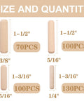 Pro Grade Wooden Dowel Pin Set With Straight Grooves And Beveled Tapered Ends, size and quantity of dowels displayed