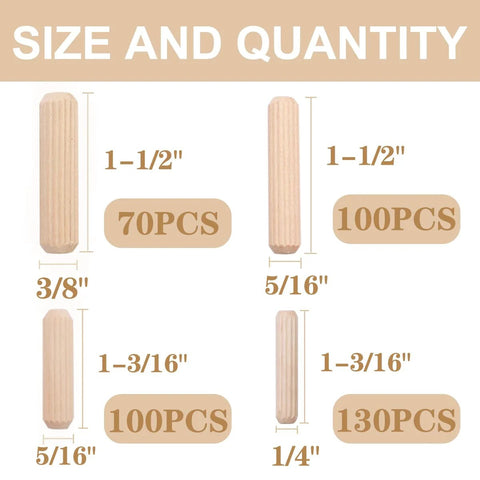 Pro Grade Wooden Dowel Pin Set With Straight Grooves And Beveled Tapered Ends, size and quantity of dowels displayed