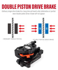 CNC MTB hydraulic disc brake set, black caliper with orange release lever, side view