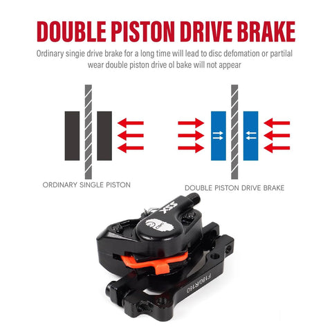 CNC MTB hydraulic disc brake set, black caliper with orange release lever, side view