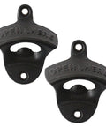 Badass Wall Mounted Beer Bottle Openers Heavy Duty Cast Iron in black, two pack, featuring 'OPEN HERE' for easy use.