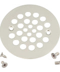 Solid Heavy Duty Shower Strainer Drain Cover With Screw In Trim Set Rust Resistant Brushed Nickel Finish, 4.25 inch grid with screws.