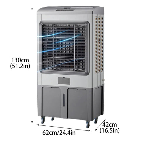 Portable Evaporative Swamp Cooler With Four Ice Cold Packs Three Whisper Quiet Fan Speeds And Sturdy Smooth Rollers, 130cm tall.