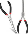 Heavy Duty 6 Inch Needle Nose Pliers 2 Pack Carbon Steel With Insulated PVC Handles Non Serrated Long Nose Pliers Anti Slip Grip Rust Proof Finish Built To Last For Electrical And General Use Beast Workhorse Pro Grade Tool, showing one straight and one 45-degree bent plier.