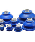 SAB series solid one pc pneumatic manipulator vacuum sucker industrial nozzle with flat rubber silicone bellows design in blue.