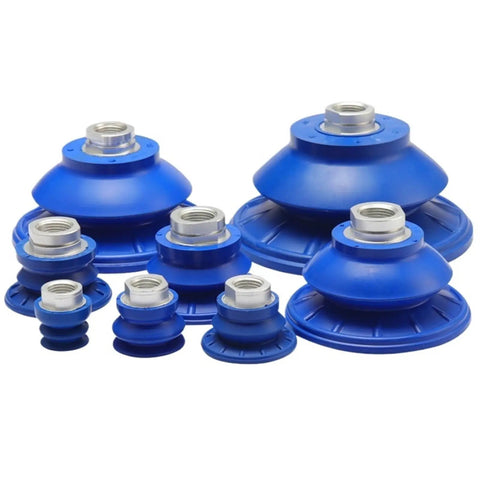 SAB series solid one pc pneumatic manipulator vacuum sucker industrial nozzle with flat rubber silicone bellows design in blue.