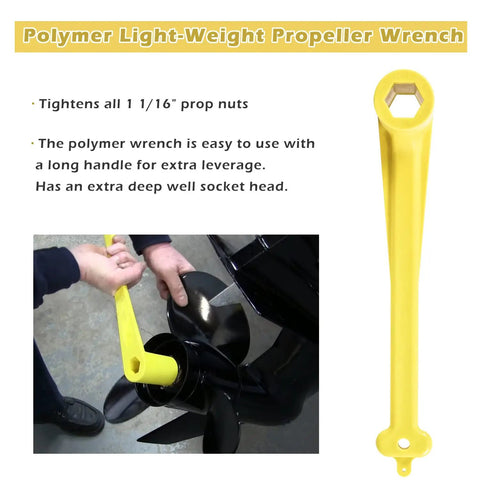 Lightweight Polymer Propeller Nut Wrench For One And One Sixteenth Inch Nuts Fits Mercury Mercruiser Alpha OMC Boats Over 40HP Easy To Use With Long Handle For Extra Leverage Rustproof Yellow Plastic