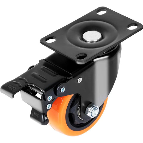Heavy Duty 3 Inch Swivel Plate Casters Set Of 4 With Secure Ab Locking Mechanism And Non Marking Pvc Wheels Rated At 250 Lb Each close-up view showing black plate and orange wheel