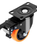 Close-up of Heavy Duty Three Inch Swivel Caster Set With Slick Rolling Non Marking Pvc Wheels Dual Ball Bearings and brake.