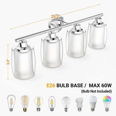 4 Light Chrome Vanity Fixture With Double Layer Anti Glare Glass Shades For Modern Bathroom Wall Sconce Lighting shown with dimensions