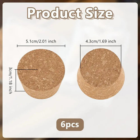 Product dimensions of Six Pack Large Cork Stoppers 1.7 To 2 Inch Tapered Cork Bottle Plugs with top and base diameter shown