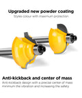 Router Bits Set 50 Piece, One Quarter Inch Shank, Tungsten Carbide Bits with yellow anti-kickback coating, close-up view.